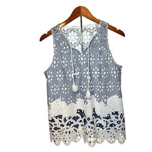 Cato Sleeveless Blouse Womens Medium Blue White Striped Eyelet Lace Tassel Top